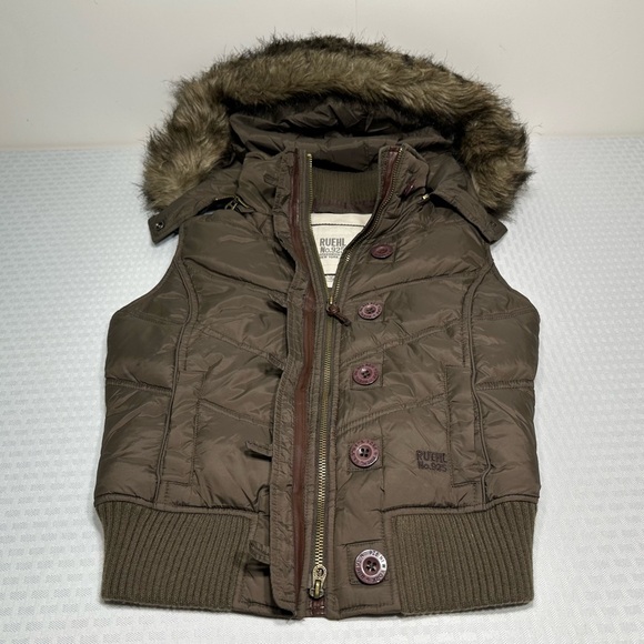 Ruehl No.925 Jackets & Blazers - RUEHL NO. 925 Down Abercrombie Faux Fur Hood Sz S Brown Crop Puffer Vest Y2K VTG